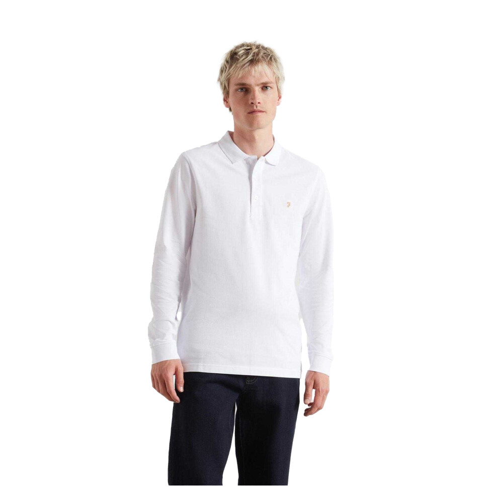 Farah (L, White) Mens Cotton Blend Long-Sleeved Polo Shirt