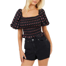 (10 UK, Black/Pink) Brave Soul Womens/Ladies Polka Dot Square Neck Puff Sleeve Top