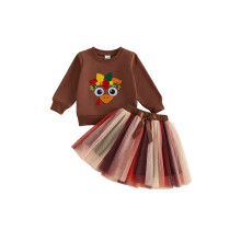 (18-24 Months, Multicolor) 2Pcs Toddler Girl Thanksgiving Outfit Long Sleeve Crew Neck Turkey Applique Sweatshirt and Tulle Tutu Skirt Set