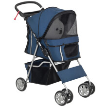 Carrinho de passeio dobrável azul escuro para animais de estimação, ideal para uso externo.