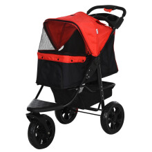 Carrinho de passeio dobrável de três rodas para animais de estimação, nas cores vermelho e preto.
