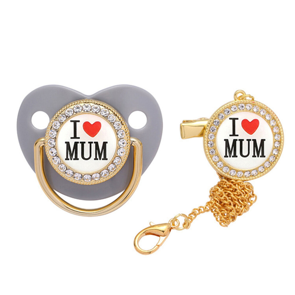 Silicone baby pacifier with initial clip and rhinestones