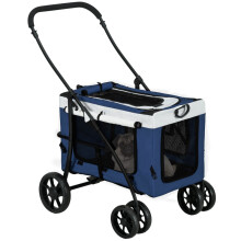 Carrinho de passeio dobrável azul para animais de estimação com compartimento removível.