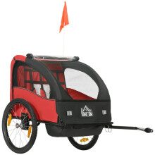 Reboque vermelho para bicicleta infantil de dois lugares com cintos de segurança.