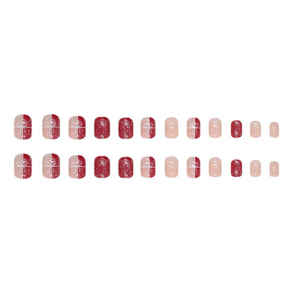 Christmas press-on nails with bow glitter design 24 pcs