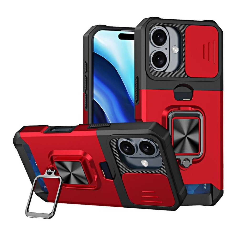 Iphone 16 Phone Case With Card Holder And Kickstand Red 9336866799736