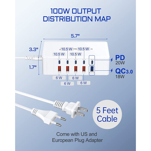 USB C Charging Station 100W 10-Port PD3.0 QC3.0 1