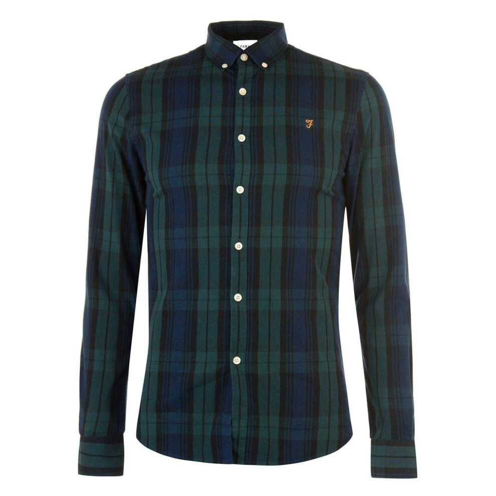 Farah (Xxs, Pine) Mens Checked Cotton Button-Down Shirt