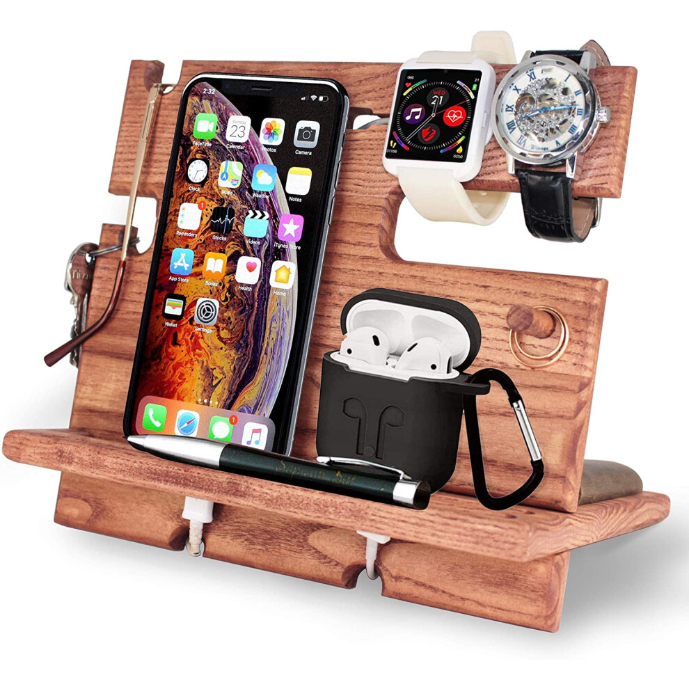 Wood Nightstand Organizer With Phone Watch Key Charging Dock 9336866811476