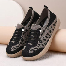 (Beige, 39) Spring and Autumn Style Rubber-soled Breathable Casual Women's Shoes, Fly-ribbed Mesh Mother's Shoes, Leopard Print Women's Shoes