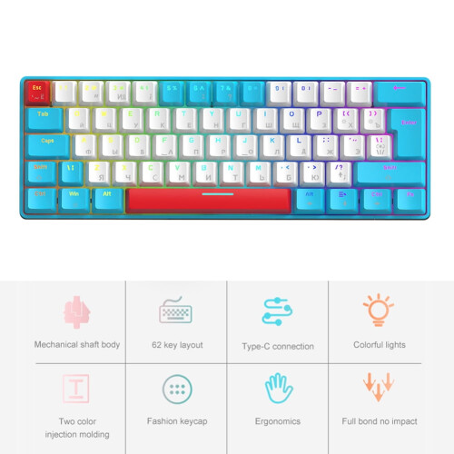 Jixopn T60 USB迷你机械背光游戏键盘 蓝白蓝轴 1