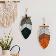 Décoration murale Fymlhomi Boho Feuille, 2 suspensions en macramé avec plumes, ornement en coton tissé et perles en bois, petits frontons bohèmes