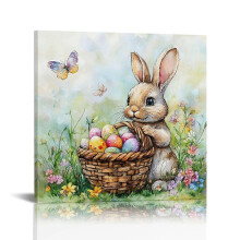Tableau sur toile Lapin de Pâques et panier d'œufs - Convient pour le salon, la chambre, la salle de bain, le bureau, le couloir et la cuisine