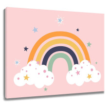 Tableau rose sur toile avec étoiles et nuages bleus, verts et jaunes - Décoration pour chambre de bébé fille, 25 x 20 cm, prêt à accrocher