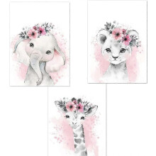 Ensemble de 3 posters roses animaux (girafe, éléphant, lion) pour chambre de bébé fille, 21 x 30 cm, décoration murale, sans cadre.