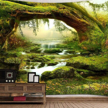 Tapisserie murale 3 pièces représentant un paysage de forêt verte naturelle, idéale pour le salon et une ambiance féerique.