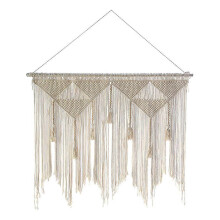 Tapisserie murale bohème tissée en macramé, rideau à pompons beige et blanc pour la décoration intérieure (bâtonnet en bois non inclus)