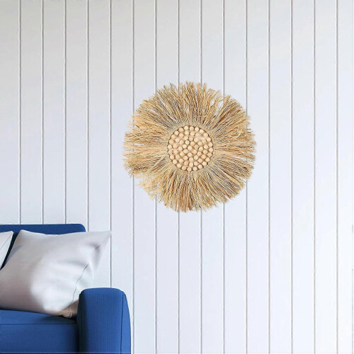 Väggdekoration i vävd raffia med träpärlor, rustik nordisk stil 2