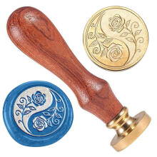 Cabeça de carimbo de cera em latão dourado com cabo de madeira, estampa Yin Yang e Rosa, ideal para envelopes, convites e cartões de presente.