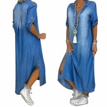 (M) Womens Casual Denim Long Maxi Dress Ladies Summer Loose Jeans-1