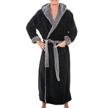 (2XL, Black Grey) Mens Winter Warm Hooded Coat Bathrobe Towelling Long Dressing Gown