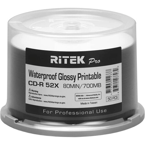 CD-R 52X 700MB Water-Resistant Glossy White 50 Pack