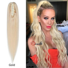 (20inch, gold) Real Remy Human Hair Ponytail Extension Claw Clip In Hair Extensions Long Natural Straight Ponytail Hairpiece