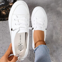 (Beige, 39) Women'S Classic White Sneakers - Comfortable Lace-Up Casual Shoes with Golden-Tone Accents, Breathable Fabric Lining & Durable Rubber Sole