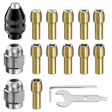Juego de 16 pinzas para portabrocas, de 1/32 a 1/8 de pulgada, con 11 pinzas de latón, 3 portabrocas y 2 llaves.