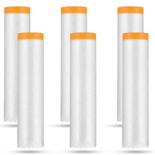 6 Rolls Painters Plastic with Tape, Pre-Taped Masking Film, Automotive Best Tape and Drape,for Covering Skirting