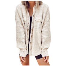 Women's Beige Corduroy Button-Down Shirt, Long Sleeve