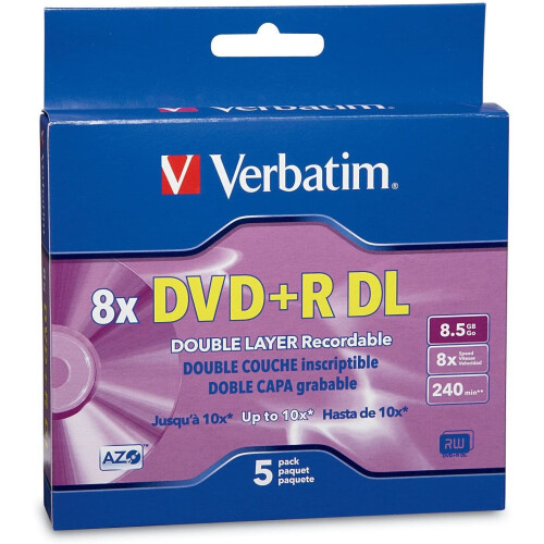 DVD+R DL 8.5GB 8X AZO silver branded surface 5pk