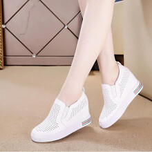 (Black, 37) Leather White Comfy Height Wedges Shoes Woman Fashion Platform Sneakers Women Casual High Heels Footwear Women Spring Autumn