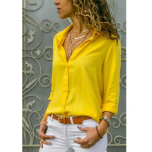 (XL, Yellow) Women Tops Blouses Spring Elegant Long Sleeve Solid V-neck Chiffon Blouse Female Work Wear Shirts Blouse Oversized
