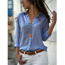(XXL, Denim Blue) Women Tops Blouses Spring Elegant Long Sleeve Solid V-neck Chiffon Blouse Female Work Wear Shirts Blouse Oversized