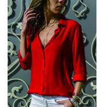 (L, Red) Women Tops Blouses Spring Elegant Long Sleeve Solid V-neck Chiffon Blouse Female Work Wear Shirts Blouse Oversized