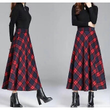 (L, Red) Elastic Waist Plaid Wool Skirts compatible with Women - A-Line Pleated Tartan Long Skirts
