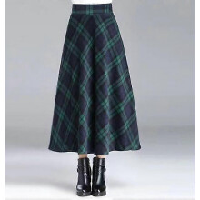 (L, Green) Elastic Waist Plaid Wool Skirts compatible with Women - A-Line Pleated Tartan Long Skirts