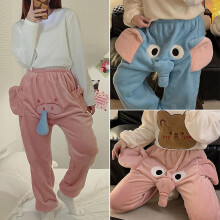 (2XL, Pink Pig) Elephant Trunk 3D Flannel Pajama Pants compatible with Mens and Womens - Funny Cartoon Design, Warm Sleepwear