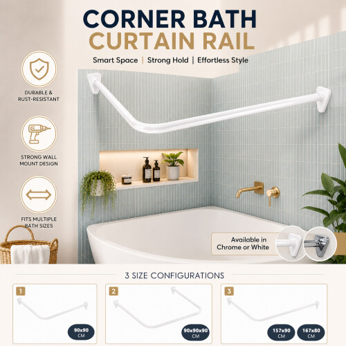 White Shower Curtain Rail/Rod Pole Kit L U Shape 1