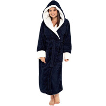 (3XL, Navy) Women Sherpa Fleece Bathrobe Soft Dressing Gown Hooded Fluffy Towling Bath Robe