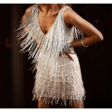 (M, yellow) Women's Fringe Dress Sexy Feather Tassels Mini Dress