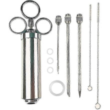 Seringue à marinade pour épices barbecue, 60 ml, en acier inoxydable, avec brosse de nettoyage et 3 aiguilles à barbecue (argentée)