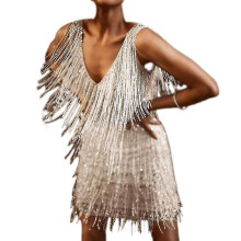 (L, white) Women's Fringe Dress Sexy Feather Tassels Mini Dress
