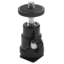 Small ball head for camcorder with 1/4 inch swivel and hot shoe adapter