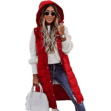 (L, Red) Asksa Women"s Down Vest Winter Long Warm Jacket With Hood Quilted Coat