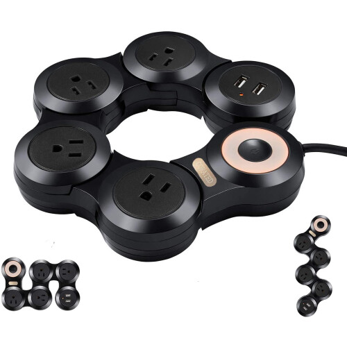 Flexible Power Strip Surge Protector 4 Outlets 2 USB Black