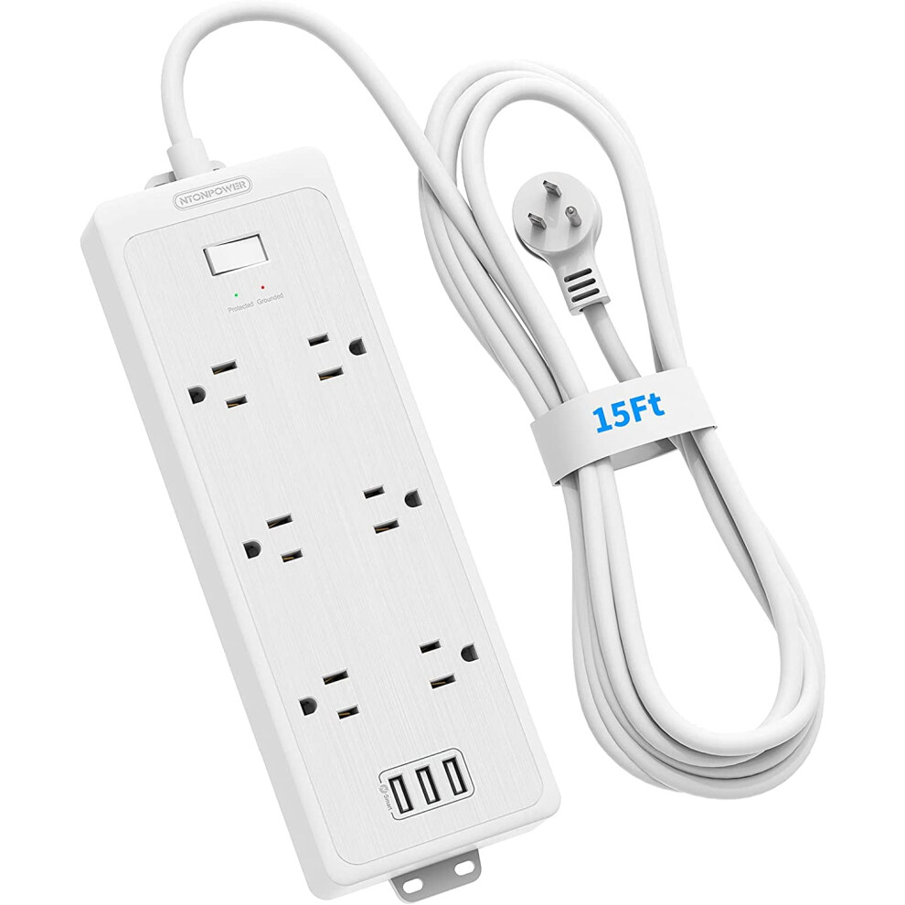 Extension Cord Surge Protector 15 Ft 6 Outlets Flat Plug 917087635738