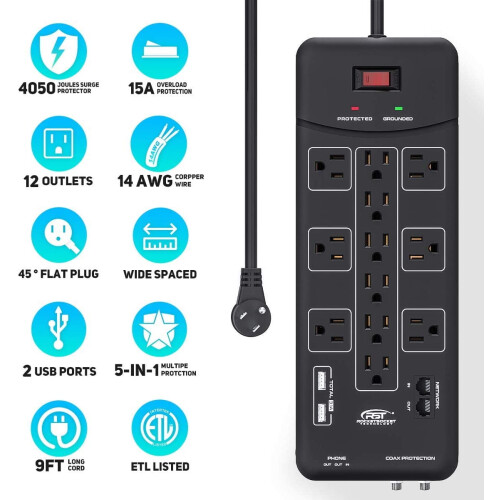 Surge Protector Power Strip 12 Outlet 4050J 3.1A USB 1