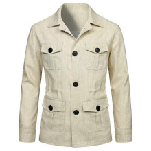 (XL, beige) Mens Coats Safari Jacket Linen British Retro Gentry Suit Pockets Outerwear Fashion Solid Color Male Tops